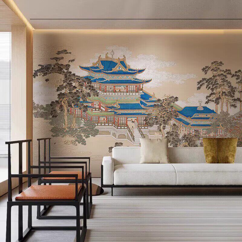 新中式古风宫廷楼阁墙布酒店装修浮雕墙纸背景墙壁画饭店硬包壁纸
