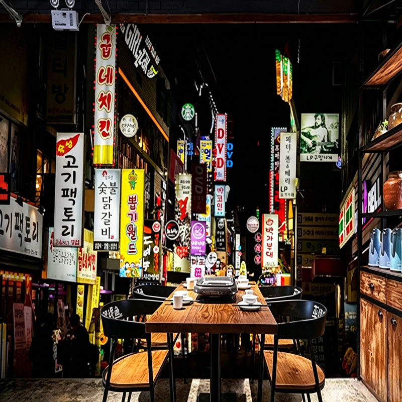 3D立体个性韩国城市建筑墙纸街景夜景韩式料理火锅烤肉店装饰壁纸