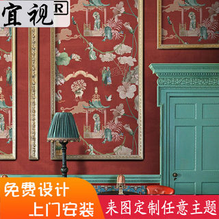 复古无缝壁画新中式壁纸中国风鸟墙布电视背景墙暗红色花故宫墙纸