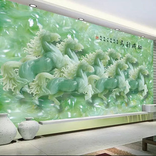 3d玉雕马到功成办公室前台装饰壁画八骏图中式会所包厢背景墙壁纸
