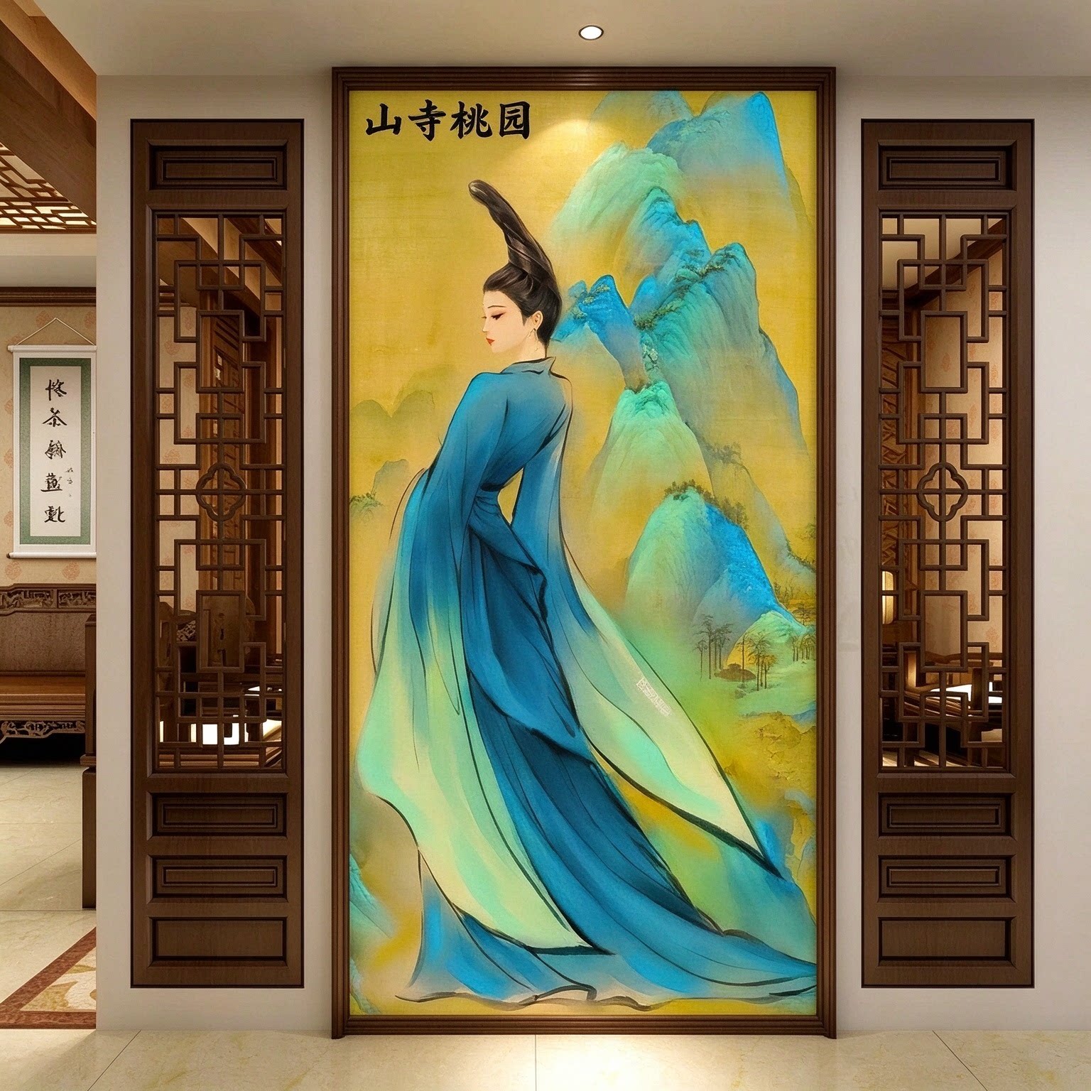 中国风古典人物新中式现代壁画壁布客厅玄关只此青绿墙布壁纸墙纸