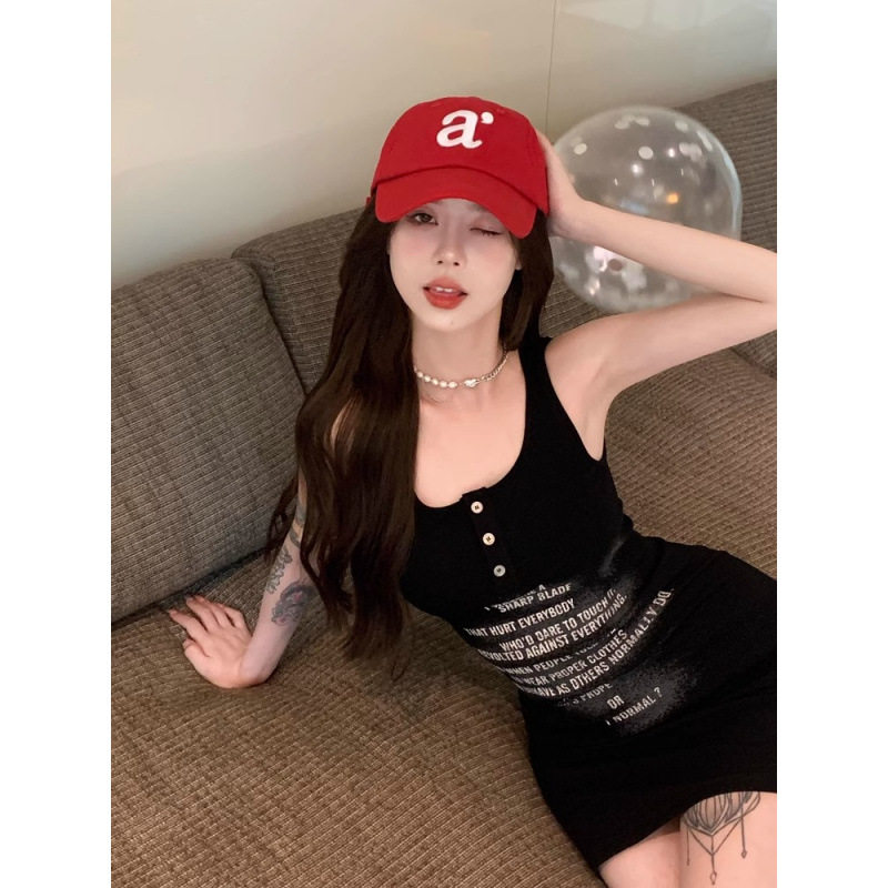纯欲风背带吊带连衣裙女辣妹印花性感无袖紧身显瘦包臀短裙子