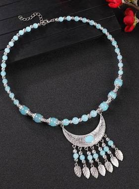 民族风琉璃串珠流苏项圈女项链复古异域风苗族额饰眉心坠藏式头饰