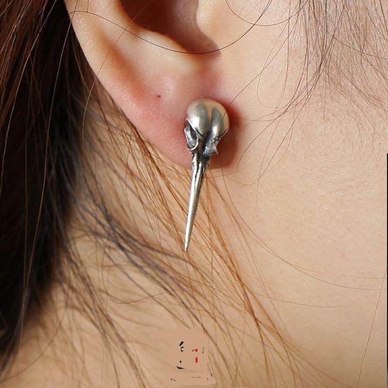 蜂鸟仿银复古骷髅鸟头骨另类夸张耳钉暗黑系朋克小众设计感耳饰品