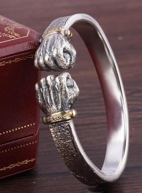 跨境热卖大权在握银手镯男士个性复古实心开口拳头力量之拳镯子