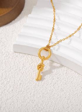 欧美跨境金钥匙吊坠项链挂绳简约高级感大气不锈钢链条饰品