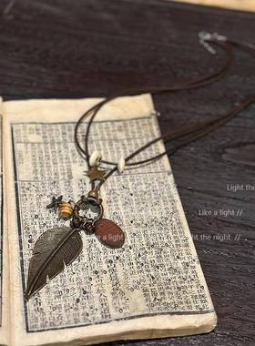 古风新中式禅意项链小众双层复古民族风羽毛吊坠蜡线项链女长款棉