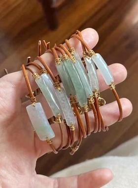 新中式仿和田玉白钰棕色牛皮绳无事牌手镯新款复古国风气质手饰