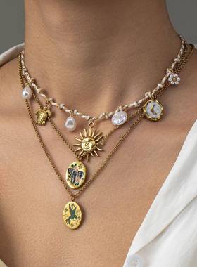 不锈钢当天发彩绘轻奢吊坠项链手绘花朵爱心吊坠毛衣链