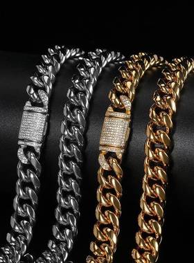 欧美嘻哈项链真金电镀12mm不锈钢古巴项链钛钢抛光圆磨加密项链