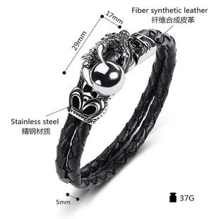 韩版饰品男皮单爪龙珠手链黑色皮编织不锈钢个性手环高端饰品