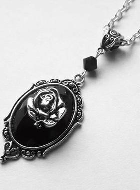 欧美摇滚舞台乐队朋克夸张复古合金男士项链小号玫瑰黑宝石