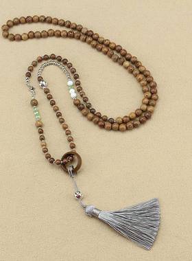 国风新中式木质串珠长流苏项链日常百搭多用途斜挎链唐装汉服配饰