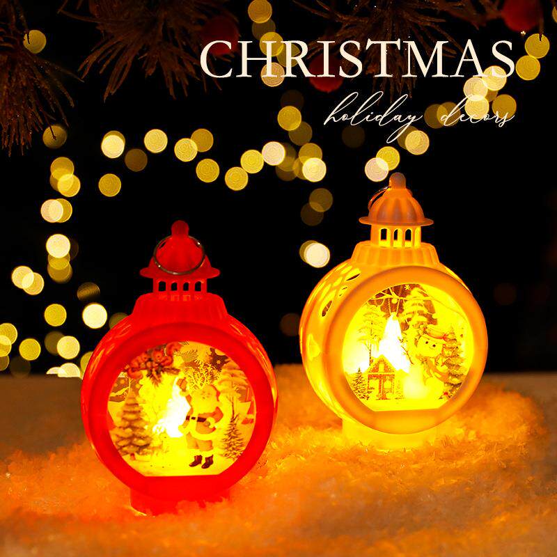 跨境新款圣诞装饰品蜡烛风灯老人雪人复古橱窗发光摆件圣诞小礼物