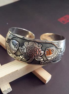 复古民族风纹银手镯欧美雕花开口宽手环时尚个性苗银做旧古风饰品