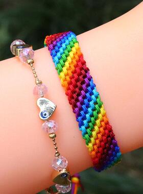 厂家欧美流行涤纶线男士女孩七彩绳彩虹手工编织手链