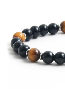 跨境爆款黄虎眼黑玻璃天然石圆珠串珠手链拼色弹力绳银色隔片设计