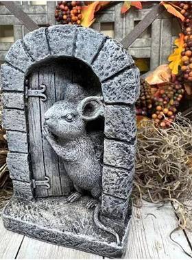 跨境新品树脂工艺品老鼠门仿真石雕花园花园装饰摆件微景观摆件