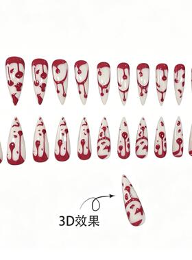 外贸热销款24片美甲秋冬万圣节3D立体浮雕血色滴中长尖穿戴甲