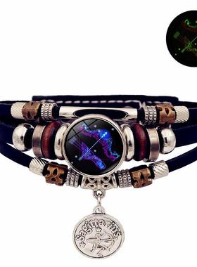 夜光12星座手链女潮流欧美时尚手工多层串珠皮革手环饰品生日礼物