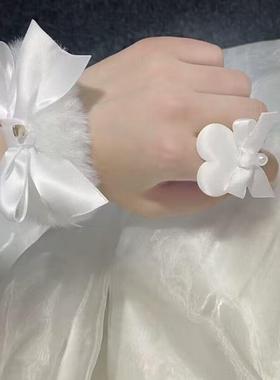 毛绒发圈蝴蝶结白色毛发发圈手袖日系发饰头绳马尾少女秋冬头饰女