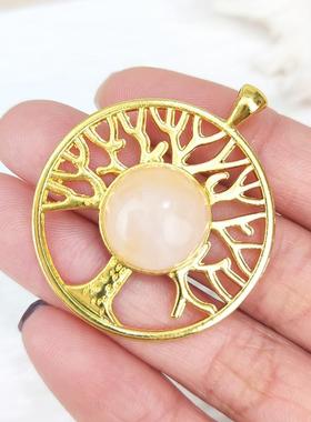 新品天然水晶虎眼石智慧树吊坠粉晶项链镂空毛衣链大挂坠跨境