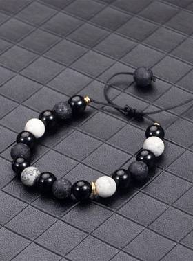 新款跨境火山石熔岩方块编织手链男士哑光黑玻璃珠子可调节手串