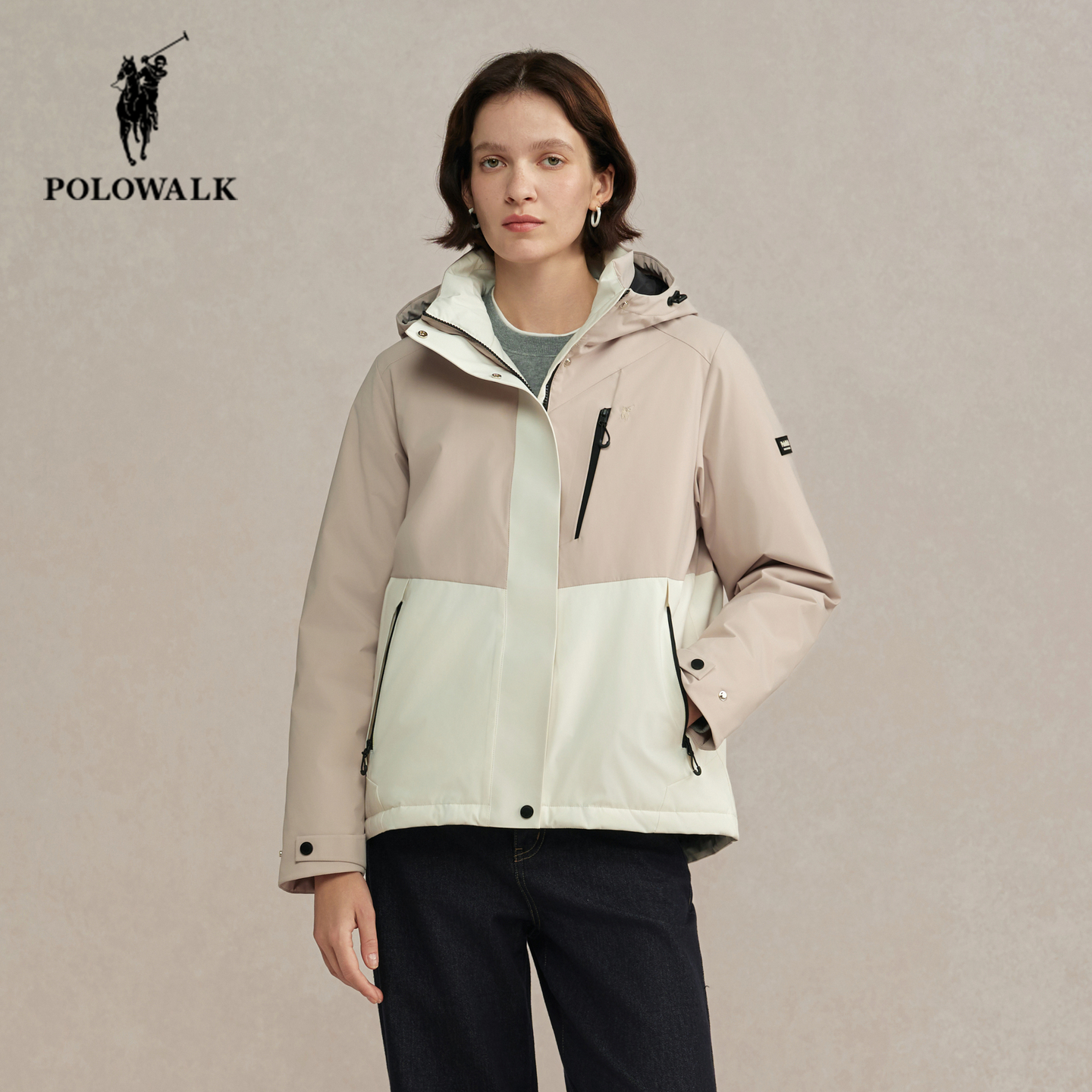 POLOWALK冬季新品撞色连帽羽绒服