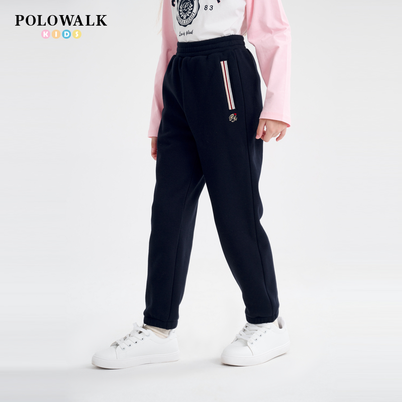 POLOWALK童装2024秋季新款女童不倒绒卫裤户外运动加绒保暖长裤女