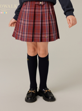 POLOWALK童装女童半身裙2025夏季新款保罗儿童复古红色格纹百褶裙