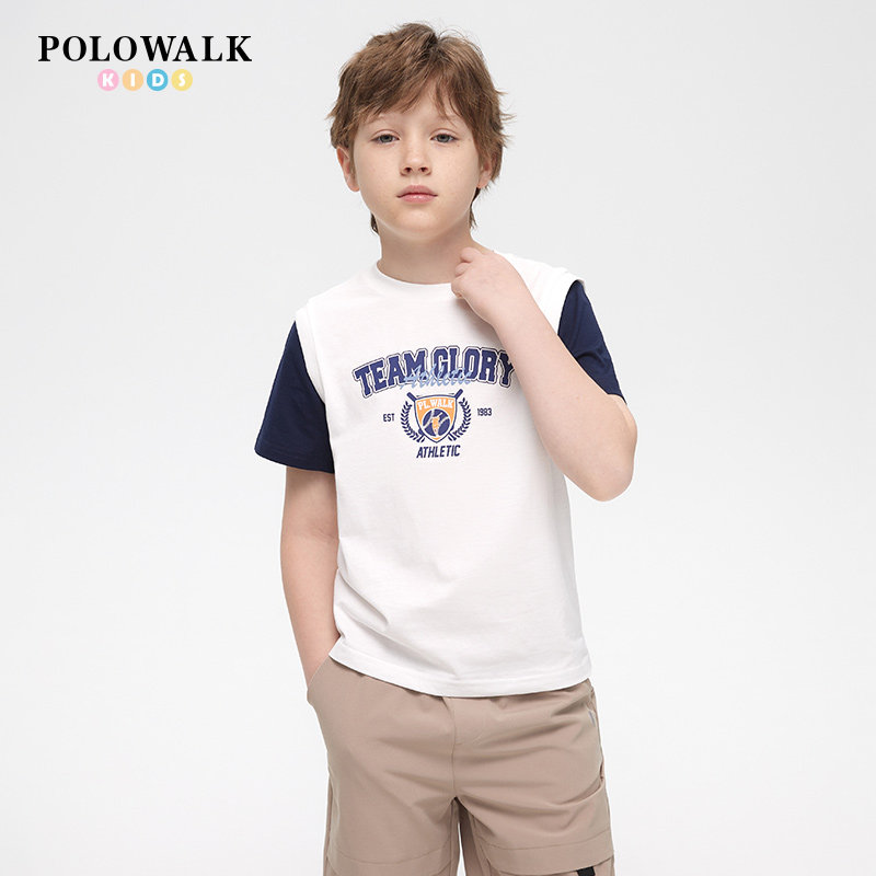 POLOWALK童装男童圆领短袖t恤2025夏季新款保罗儿童百搭纯棉半袖