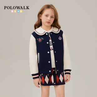 POLOWALK童装女童外套25秋季新款保罗儿童时尚撞色百搭娃娃领上衣