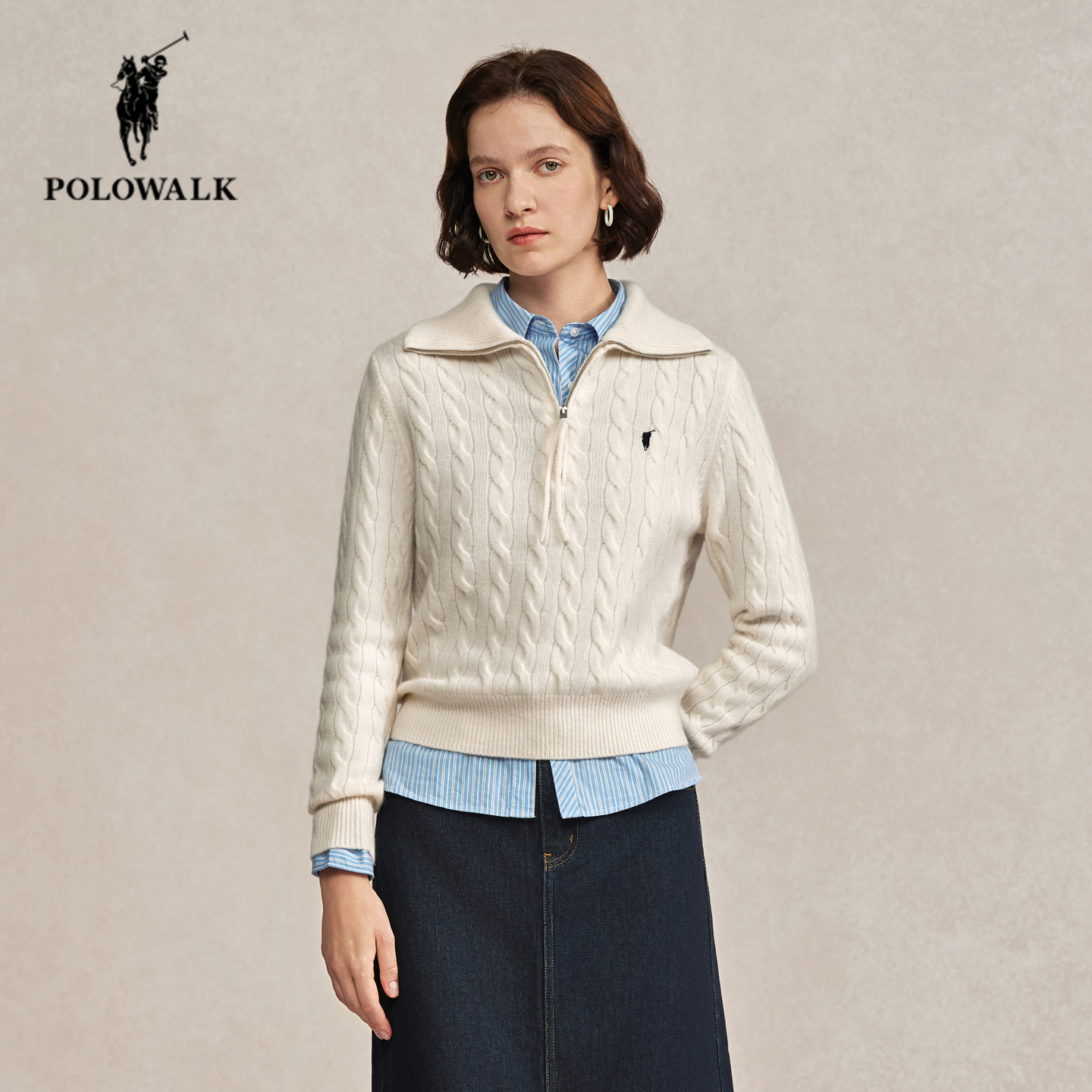 POLOWALK冬季新品翻领绞花羊毛衫