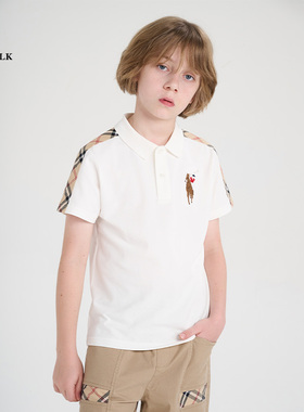 POLOWALK童装男童短袖polo衫夏季新款保罗拼色格纹翻领白色t恤潮