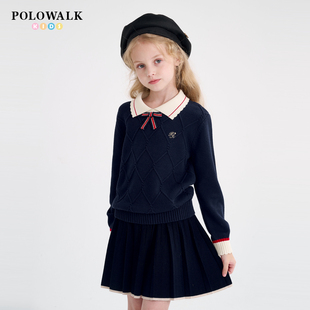 POLOWALK童装女童针织衫春秋新款保罗儿童学院风洋气休闲翻领毛衣