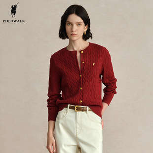 POLOWALK红色针织开衫女2024秋冬新款修身显瘦百搭气质绞花毛衣女