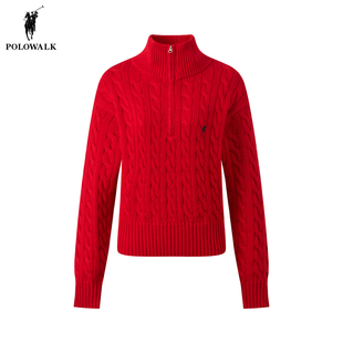 POLOWALK绞花针织衫女2026年春季新款保罗女装立领半拉链红色毛衣
