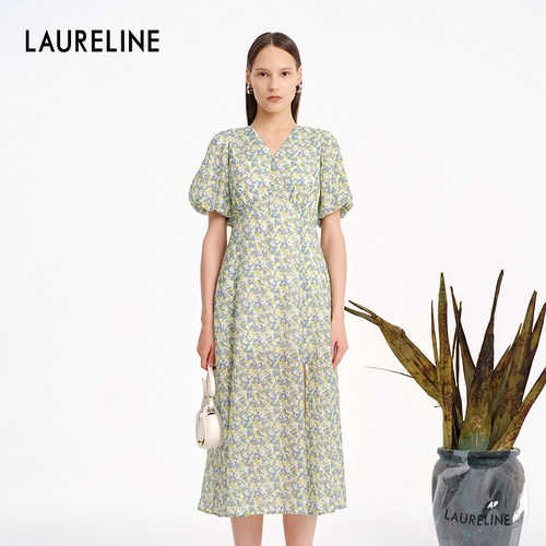 LAURELINE/洛瑞琳年夏季百搭绿色连衣裙简约波点清新长裙女