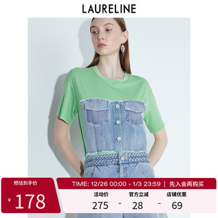 时尚 LAURELINE 新款 T恤夏季 百搭宽松上衣女 洛瑞琳牛仔拼接短袖