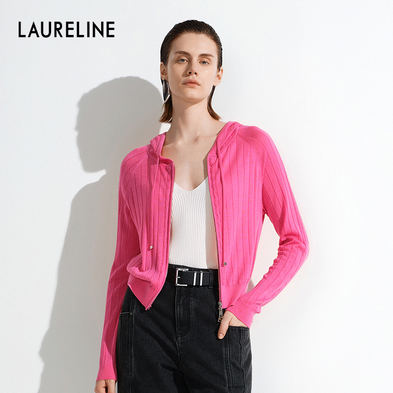 LAURELINE/洛瑞琳玫红多色连帽拉链针织开衫女修身薄款外套