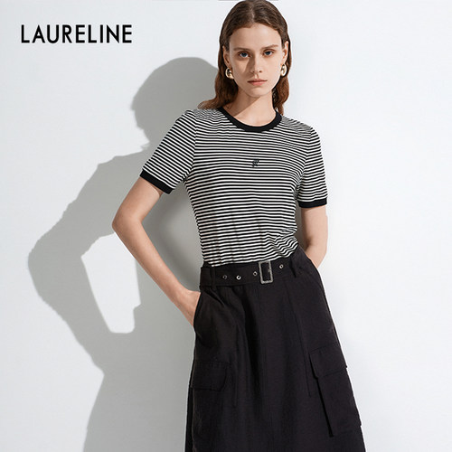 LAURELINE/洛瑞琳条纹T恤女2025新款短袖上衣修身显瘦打底衫
