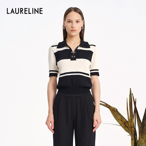 LAURELINE/洛瑞琳拼色上衣年夏季新款商务英伦风通勤短袖女