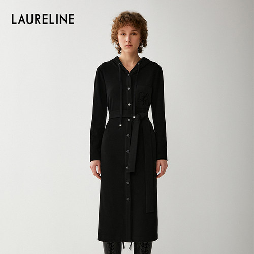 LAURELINE/洛瑞琳冬季新款百搭简约连帽连衣裙女通勤气质长裙