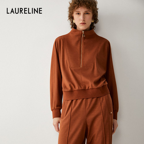 LAURELINE/洛瑞琳休闲运动衫女立领学院风拉链针织宽松上衣灯芯绒