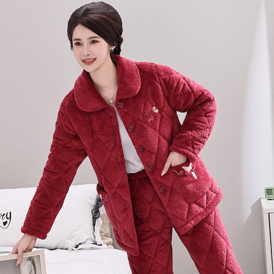 睡衣女秋冬季三层加厚珊瑚绒夹棉袄加绒保暖新款法兰绒家居服套装