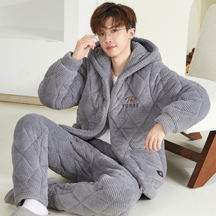 睡衣男士冬季加厚三层夹棉加绒珊瑚绒法兰绒套装保暖秋冬天家居服