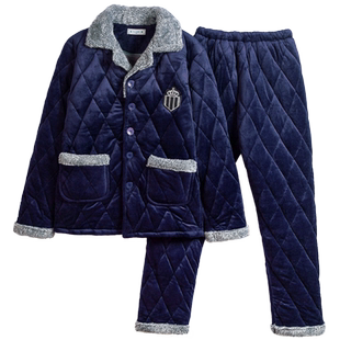 睡衣男士冬季三层加厚珊瑚绒夹棉保暖加绒法兰绒家居服套装秋冬款