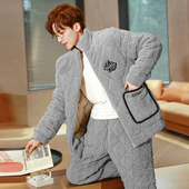 睡衣男士 珊瑚绒保暖秋冬款 冬季 加绒加厚三层夹棉法兰绒家居服套装