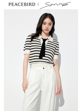 太平鸟女装夏季气质简约学院风配领带条纹线套衫A1EED2C71