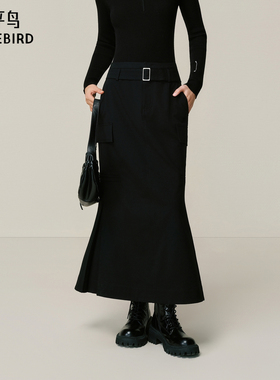 【商场同款】太平鸟黑色鱼尾中长裙女本布腰带半身裙A3GFF4434